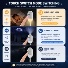 Touch switch mode switching for a light fixture with night light, starry sky, and close modes.