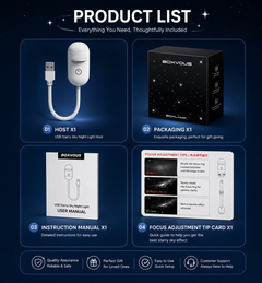 Product list with USB starry night light host, packaging, user manual, and focus adjustment tip card on a dark blue background.