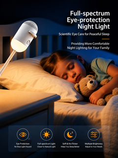 Child sleeping with a teddy bear next to a night light, emphasizing eye-protection and comfort.