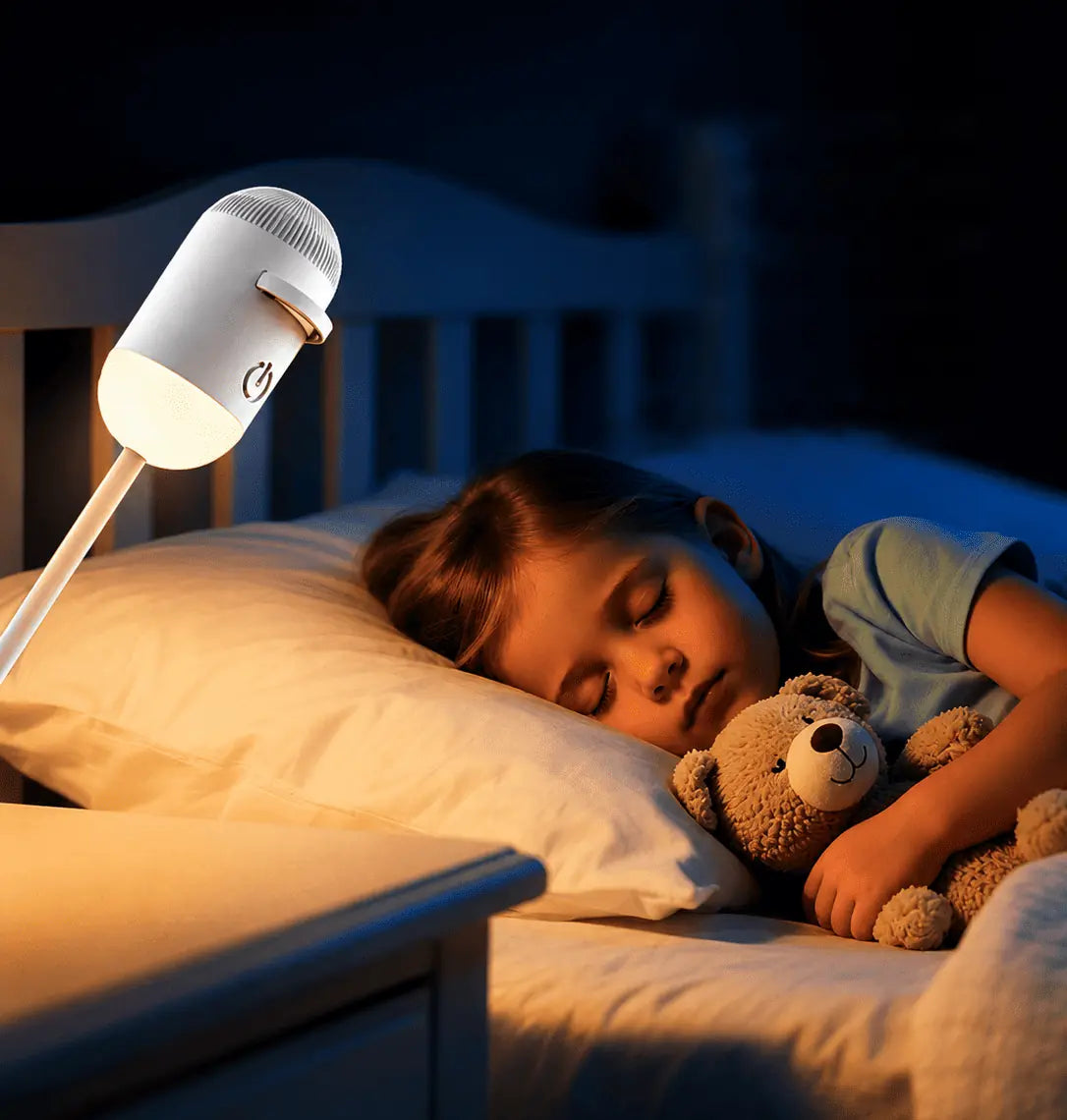 A little girl asleep with her teddy bear in the warm glow of the lamp beside her bed