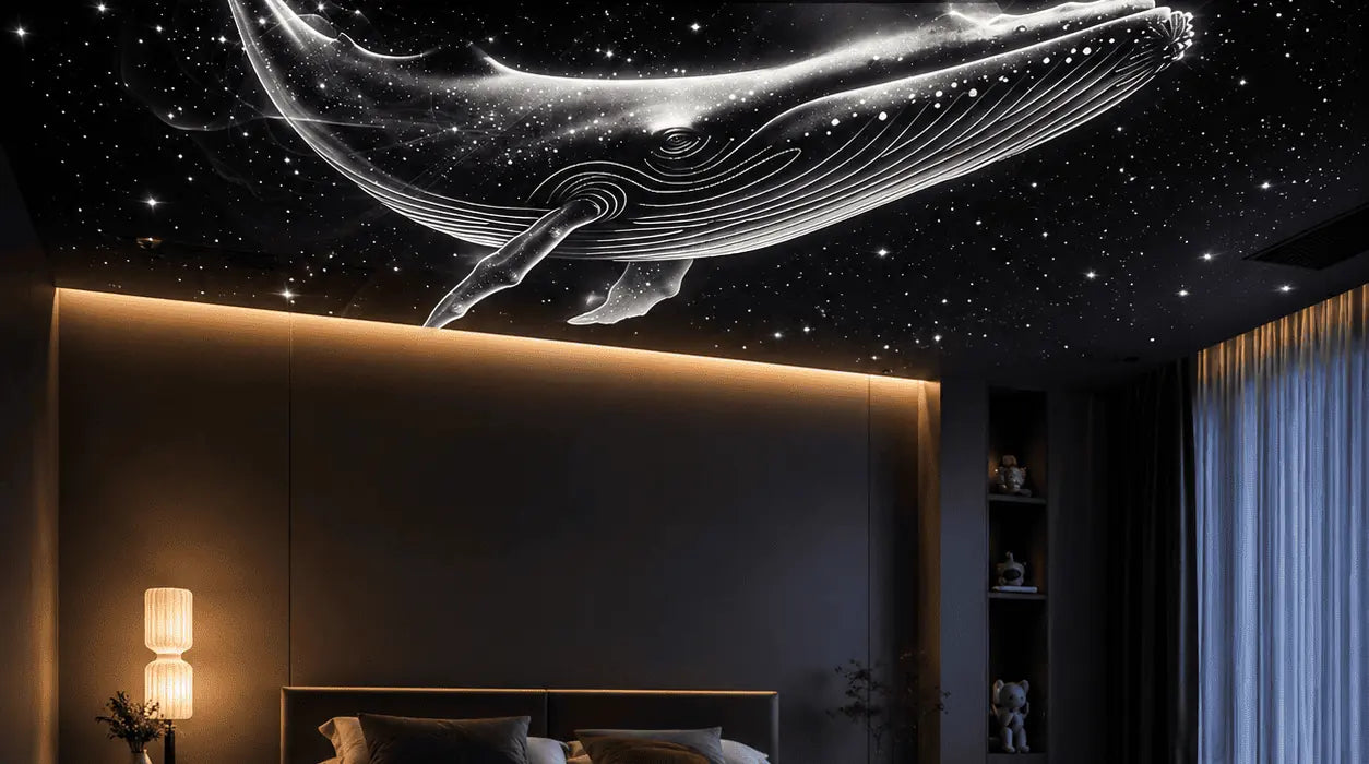 A bedroom ceiling covered in stars with a glowing whale projected by the Kun disc