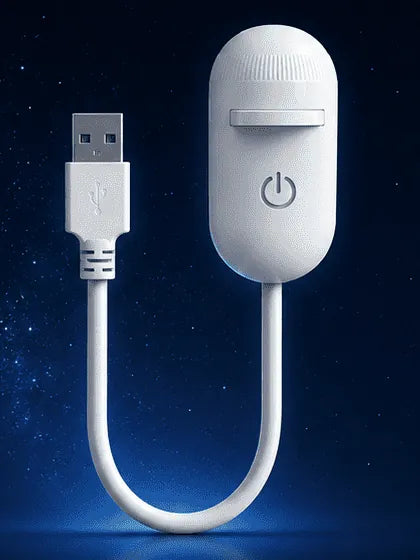 The white capsule-shaped lamp; its bendable neck ends in a USB-A plug